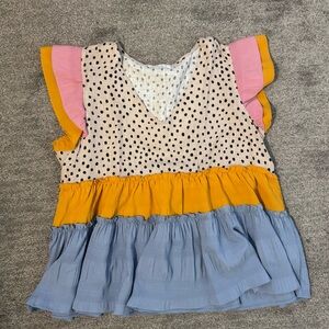 NWOT, THML ruffled Beige and Black Polka Dot Top, sz larger